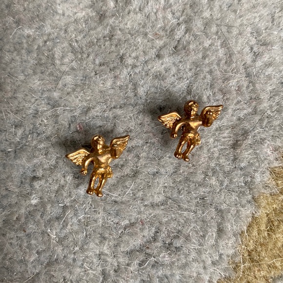 Vintage 60s Gold Angel T&T Signed Earring Studs Unique Rare - Picture 1 of 2